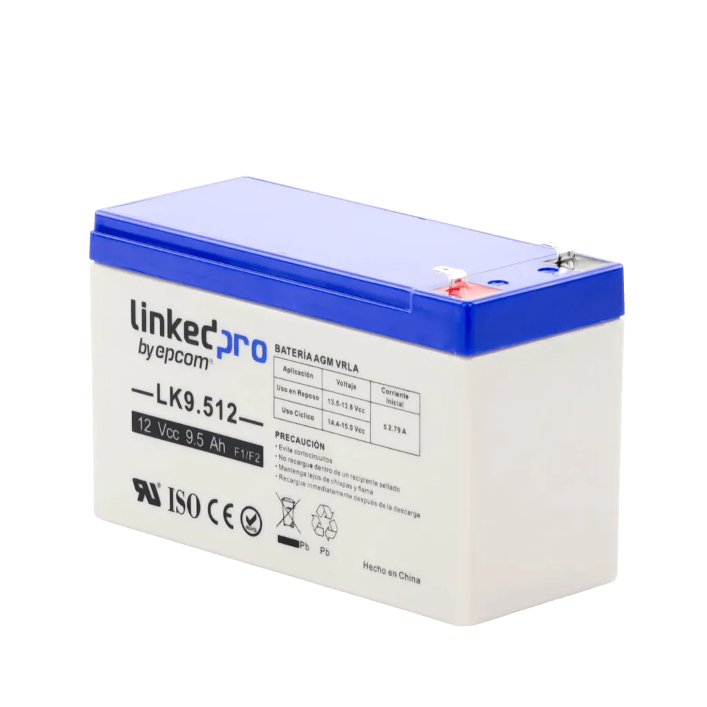 Batería 12 V / 9.5 Ah / UL / Tecnología AGM / Vida útil promedio 5 años / Para uso en equipo electrónico, Alarmas de Intrusión / Incendio/ Control de acceso / Video Vigilancia / Terminales F1 ( Incluye adaptador F
